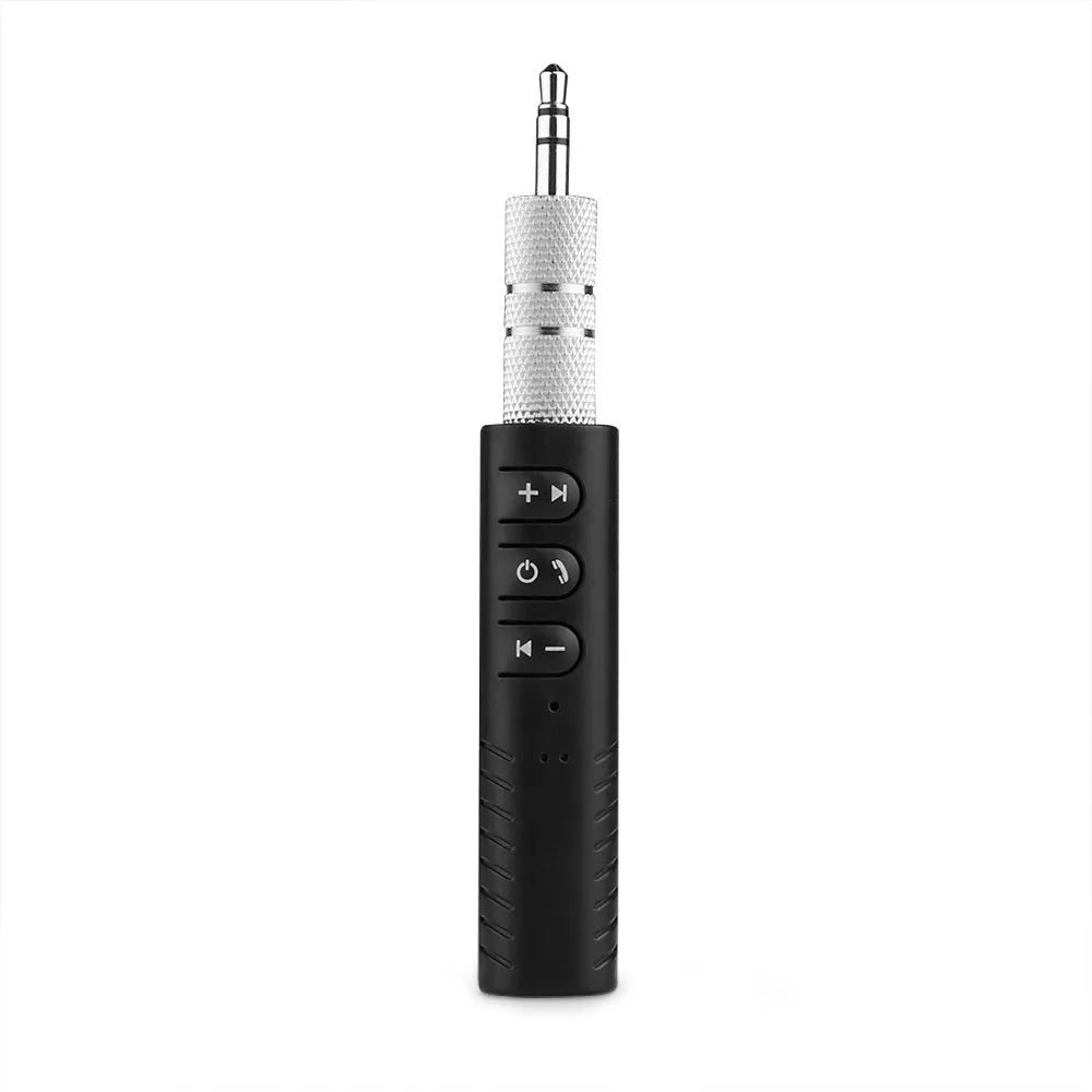 Black Bluetooth audio receiver car kit with 3.5mm jack for wireless music streaming and hands-free calling