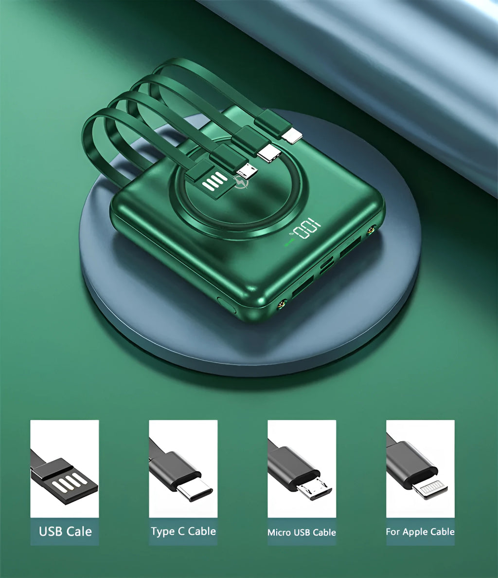 Compact square 20000mAh power bank with LCD screen, shown in red, green, and black colour options.