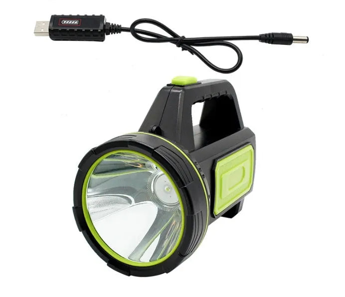 Green rechargeable LED flashlight with USB charging port and waterproof ABS plastic construction