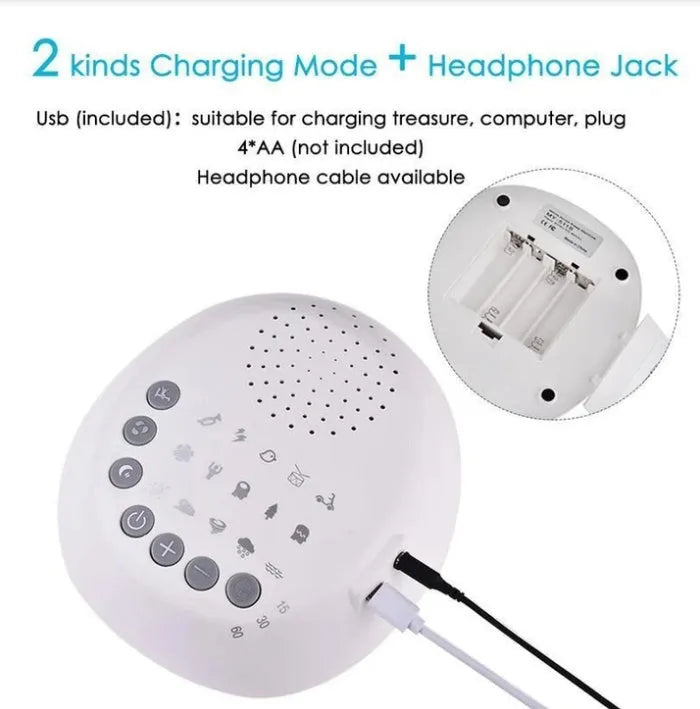 White noise machine with 9 sounds, timer, volume knob and USB cable, white colour, 16.5 x 16 x 6.3 cm