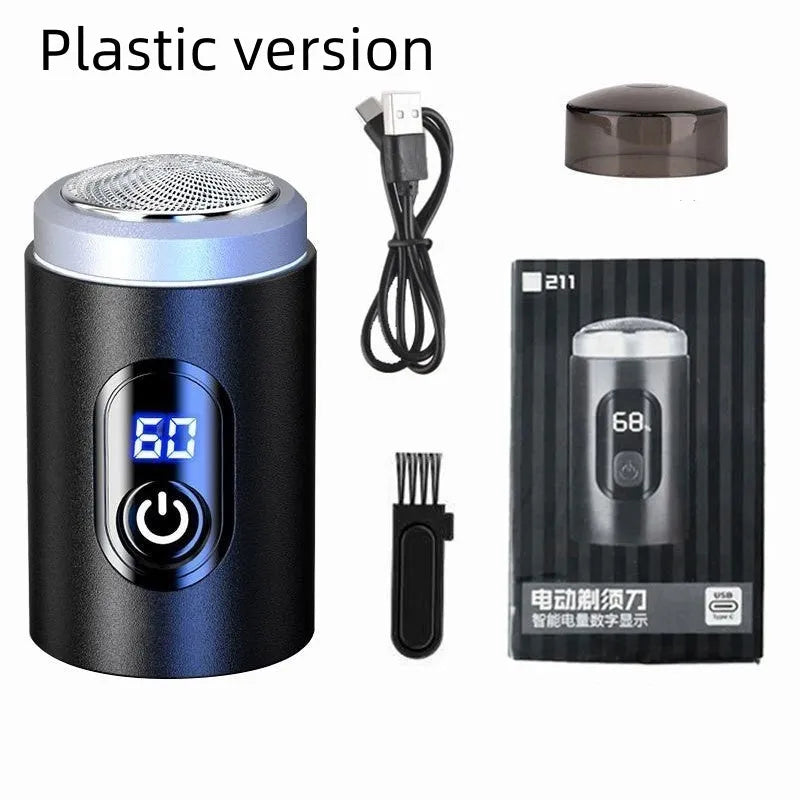 Black portable USB rechargeable shaver with LED display, shown with cleaning brush and cable.