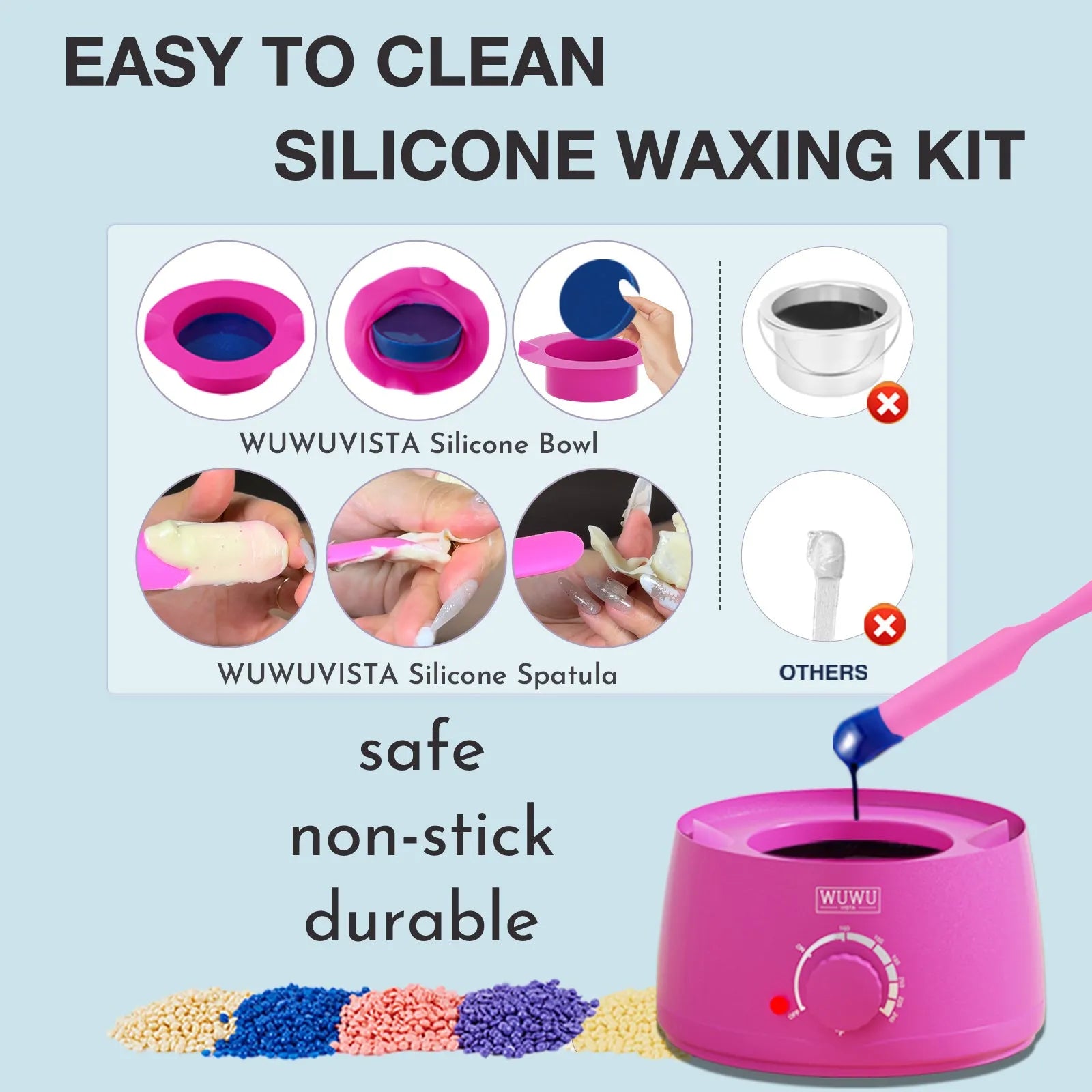 Waxing kit with black wax warmer, wax beads, applicator sticks and silicone tools for hair removal