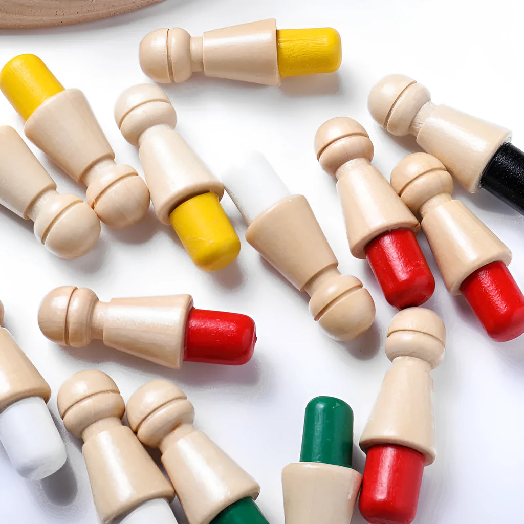 Beech wood memory chess educational game with coloured pieces on 17cm board for children aged 3+