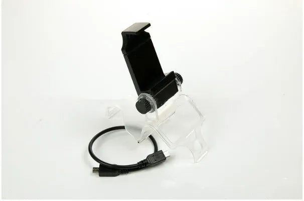 Black PS4 controller phone clip holding a mobile phone, with an OTG USB cable connected