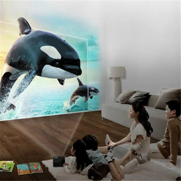 Black USB smart projector with 320x240 resolution and 20W power, front projection, shown with UK EU US AU plug options.
