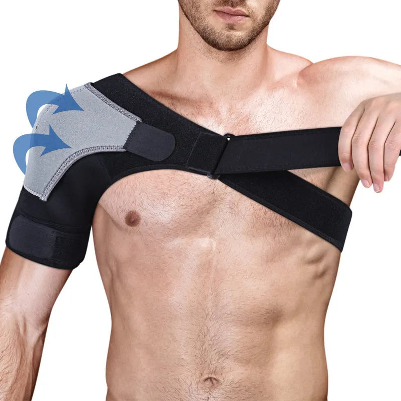 Black neoprene shoulder brace for rotator cuff support with adjustable elastic strap