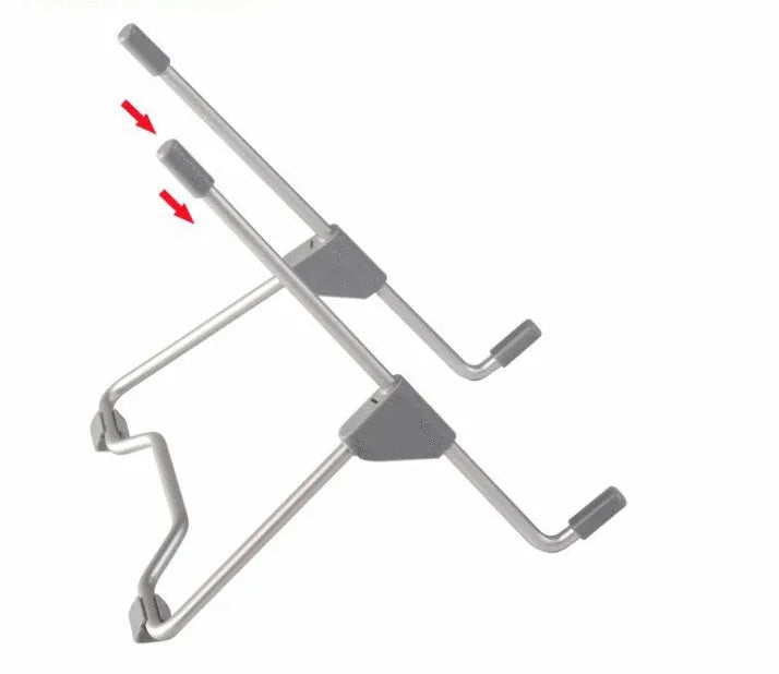 Grey foldable aluminium and plastic stand holding a mobile phone and a laptop on a desk.