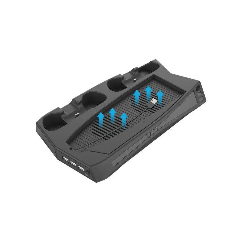 Black PS5 charging cooling base station with two controller docks and USB ports