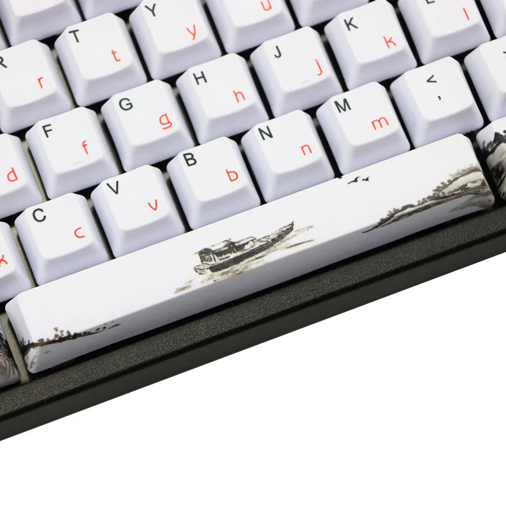 PBT keycap set with Wangjiang plum blossom design showing five-sided sublimation printing on OEM height keycaps