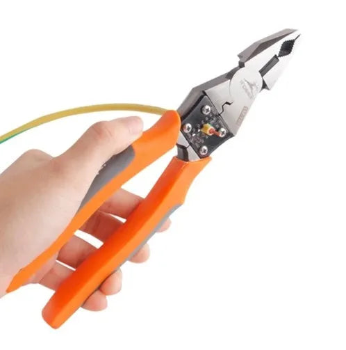 Orange handled 9 inch multi-function wire cutter pliers with alloy steel jaws.