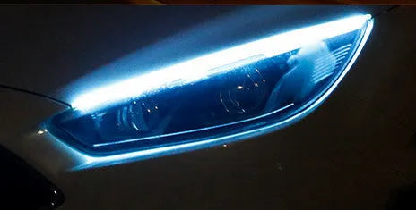 Flexible silicone car LED light strip for daytime running lights and animated turn signals.