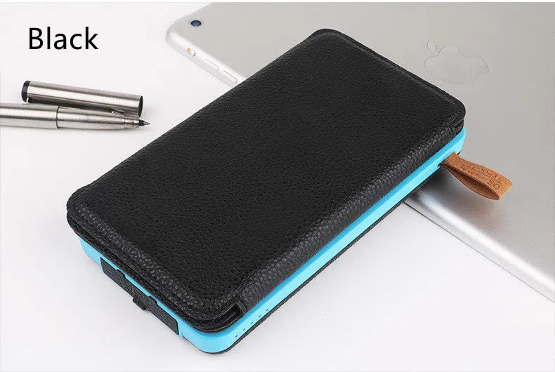 Solar power bank with monocrystalline panel showing black, blue, green, and orange colour options
