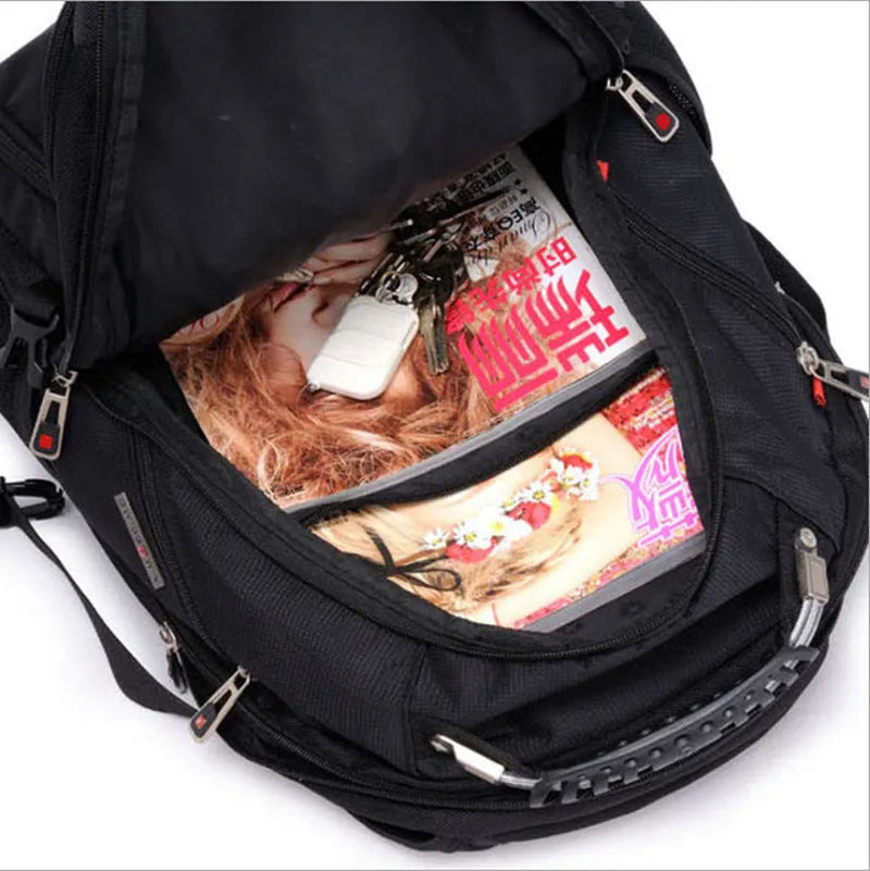 Black business computer backpack showing multiple compartments and organiser pockets.