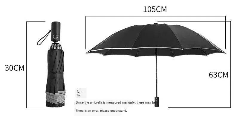Inverted umbrella with auto close button and reflective stripes on black canopy