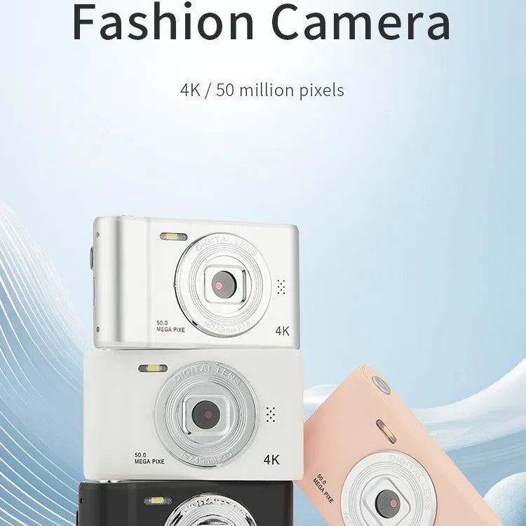 Retro digital selfie camera with 48 million pixels and 4K, ABS body, available in black, silver, ivory white, or pink.