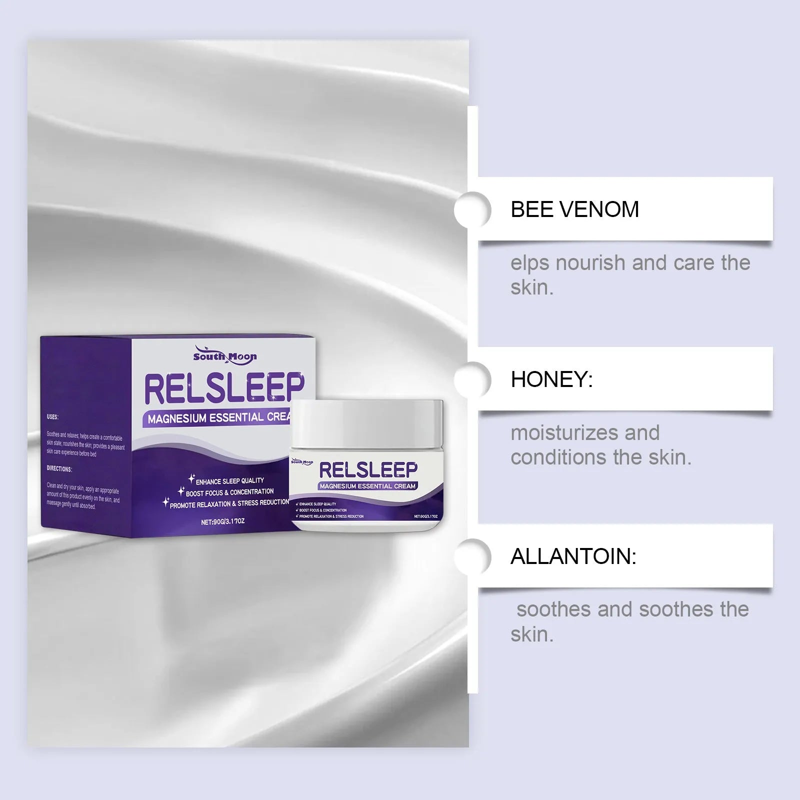 90g pot of Sleep Magnesium Essence Cream, a night moisturiser with honey and soothing ingredients.