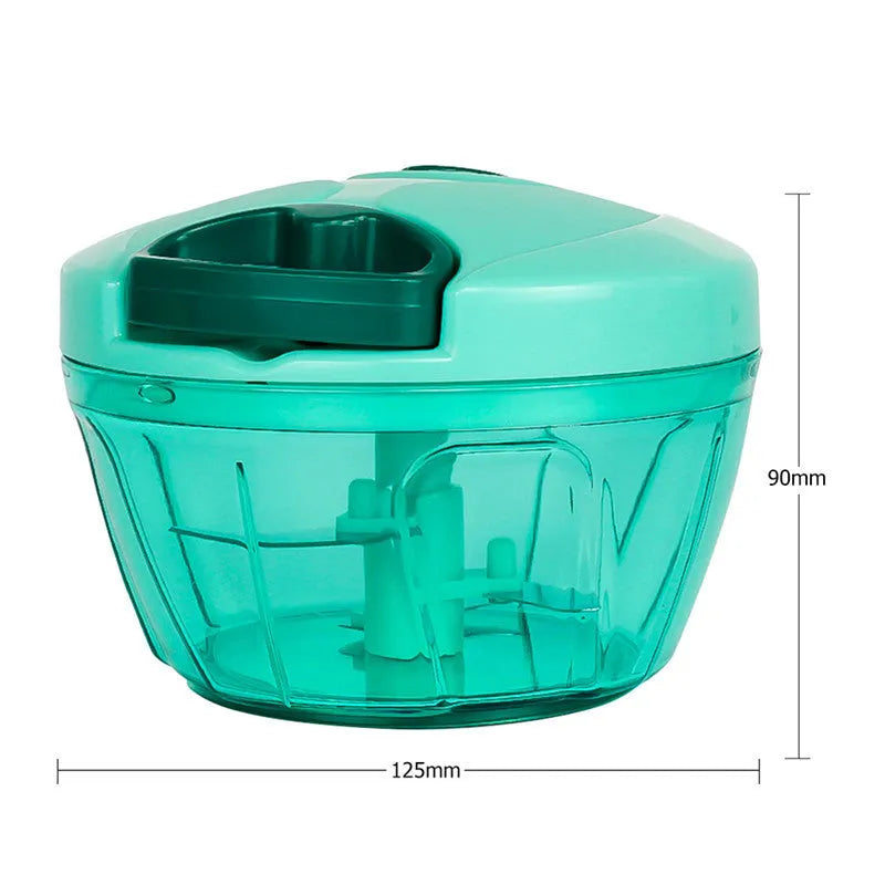 Green manual kitchen chopper shredder with three stainless steel blades and a 500 ml capacity.