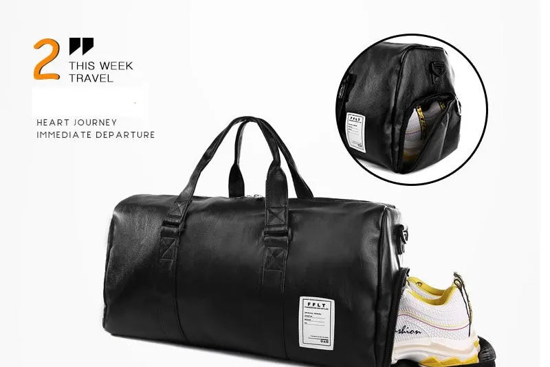 Black waterproof sports fitness bag with separate side compartments for shoes, shown in large and small sizes.