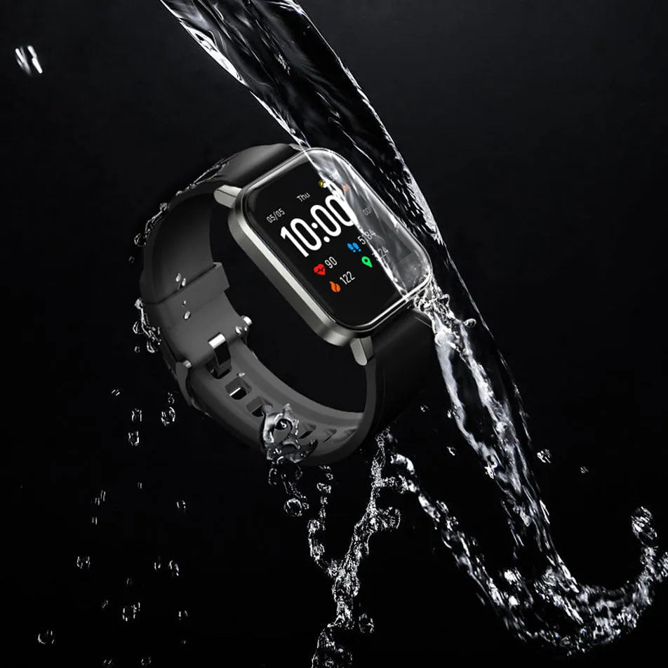 Black waterproof smart bracelet with 1.4-inch screen showing health metrics on silicone wrist strap