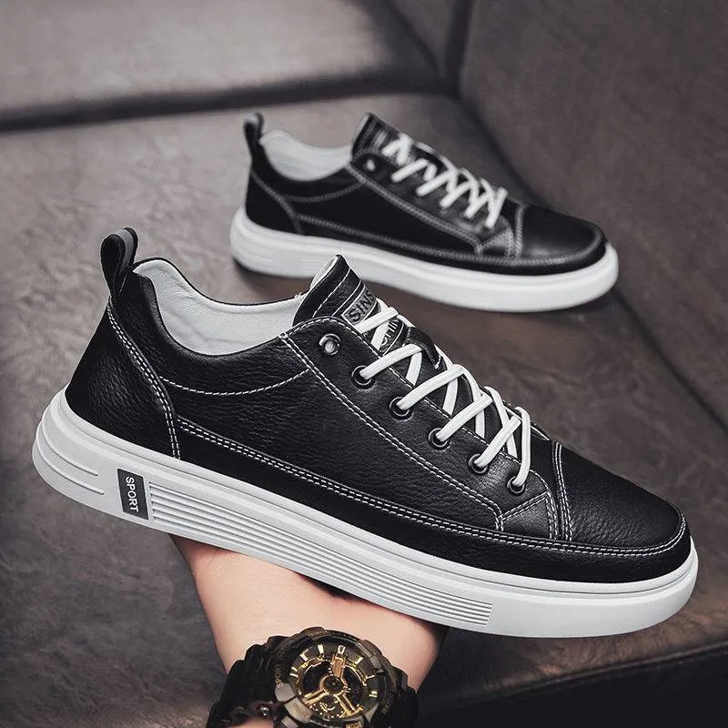 Men's white casual shoes with round toe, low heel, and shallow opening in Korean style