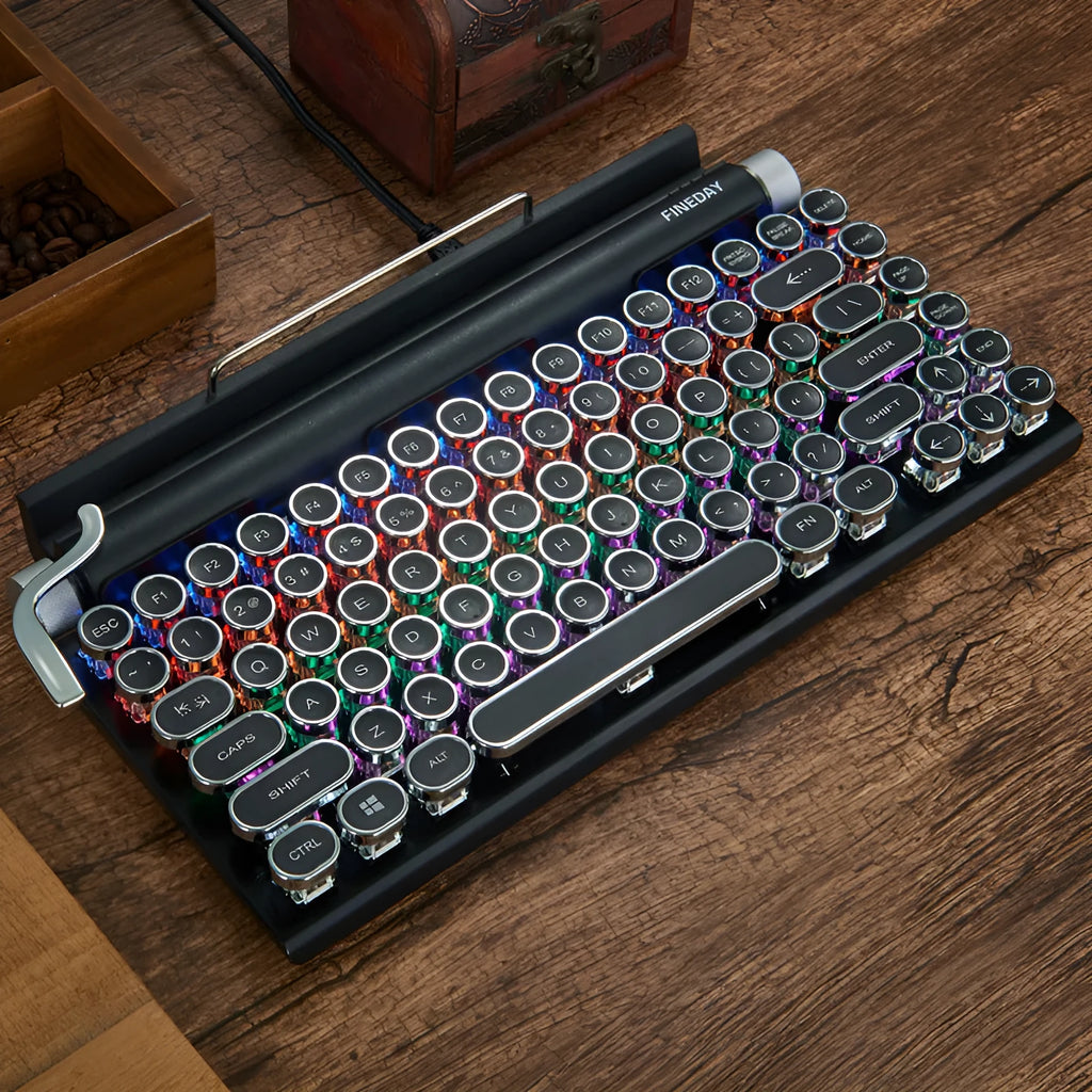 Black dot retro style mechanical keyboard with colourful backlit keys on a desk.