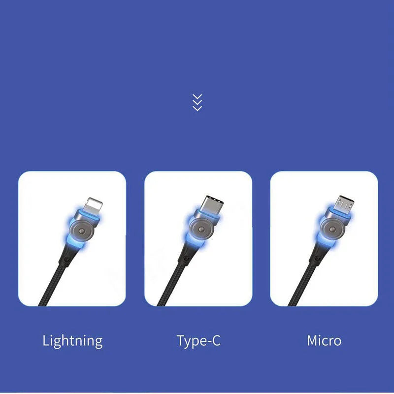 Black universal charging cable with zinc alloy rotating connectors for iPhone, Android, and Type-C phones