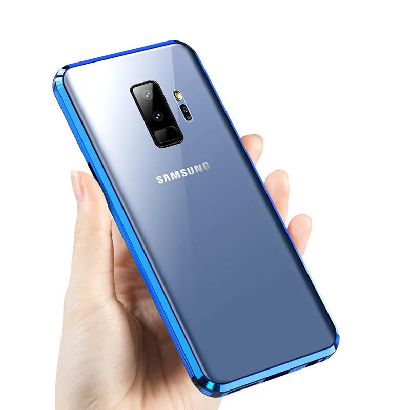 Black clamshell anti-peeping magnetic phone case for Samsung Galaxy shown open and closed.