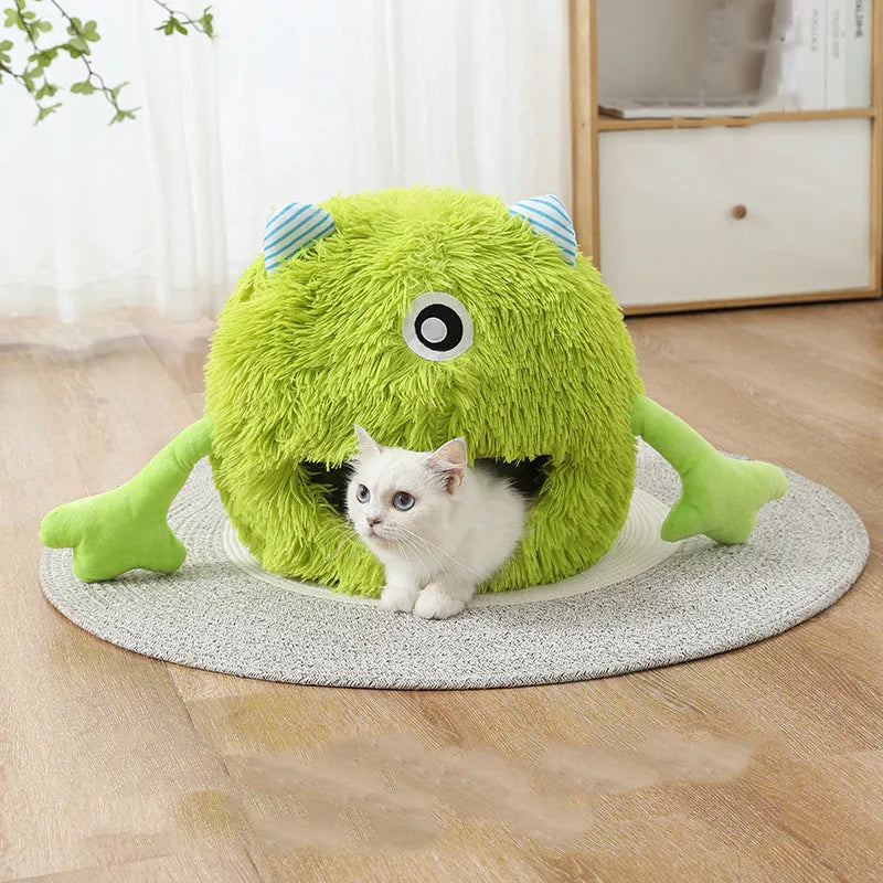 Round soft plush cat bed with a non-slip base, shown in three size options.