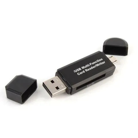 Black smart three-in-one card reader with micro USB and USB 2.0 plugs on a light surface