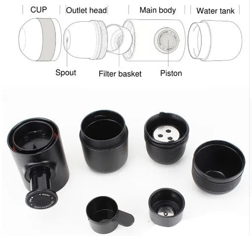 Black portable manual coffee machine showing compact size and manual operation components.