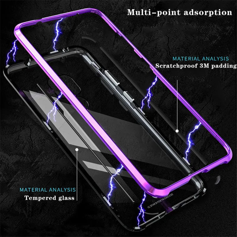 Black magnetic metal phone case with clear tempered glass back for a Huawei smartphone.