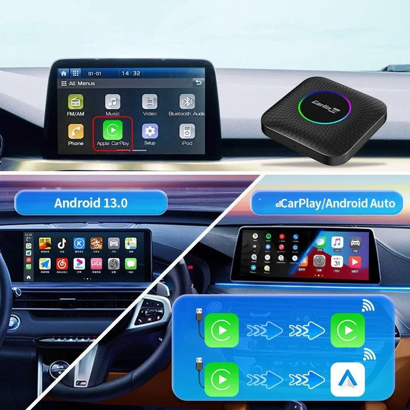 CarPlay wireless conversion box with Android 13.0 system measuring 78.6mm square