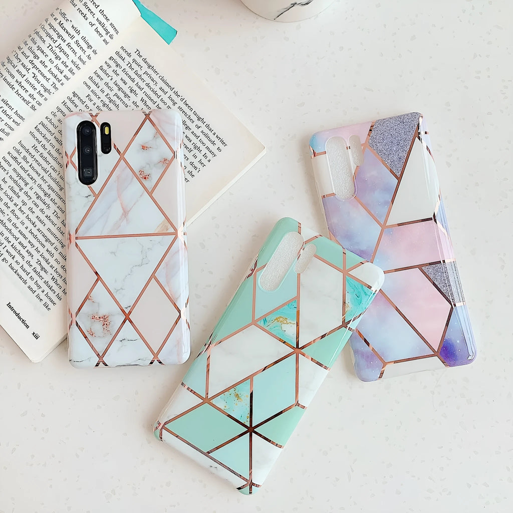 Electroplated marble patterned phone back cover case for Huawei and Samsung smartphones.