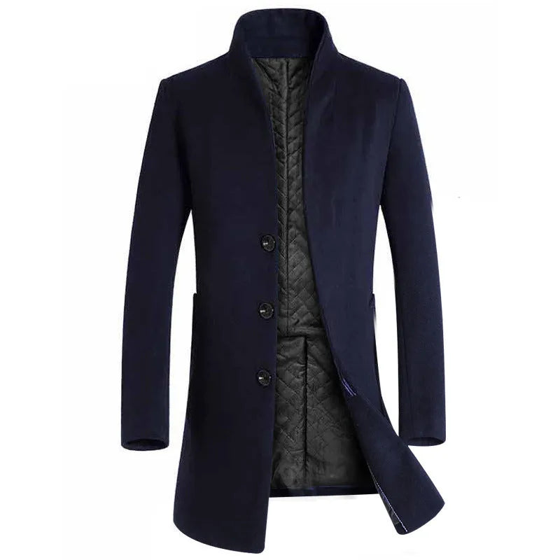 Men's long woolen trench coat in dark navy double-breasted with notch lapel