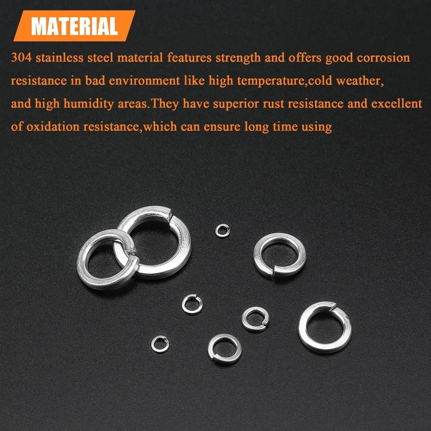 Open box showing assortment of 304 stainless steel spring lock washers with size markings from 2mm to 12mm.