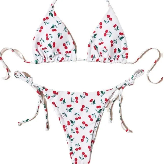 Women's split halter bikini swimsuit in solid colour with adjustable ties