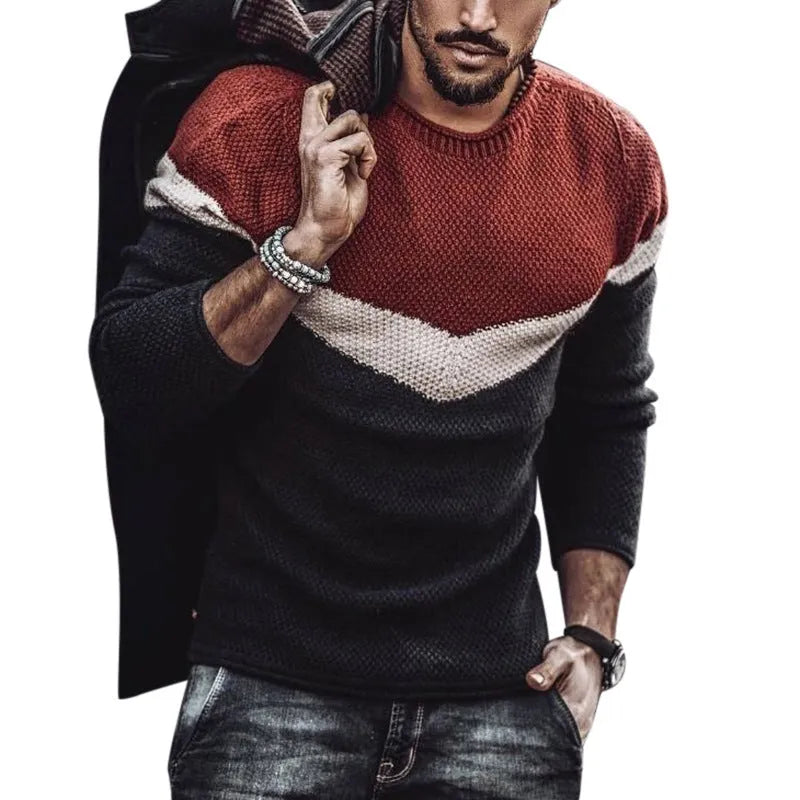 Men's slim fit long sleeve round neck sweater in red black colour matching, Asian sizes S to 3XL, autumn casual knit