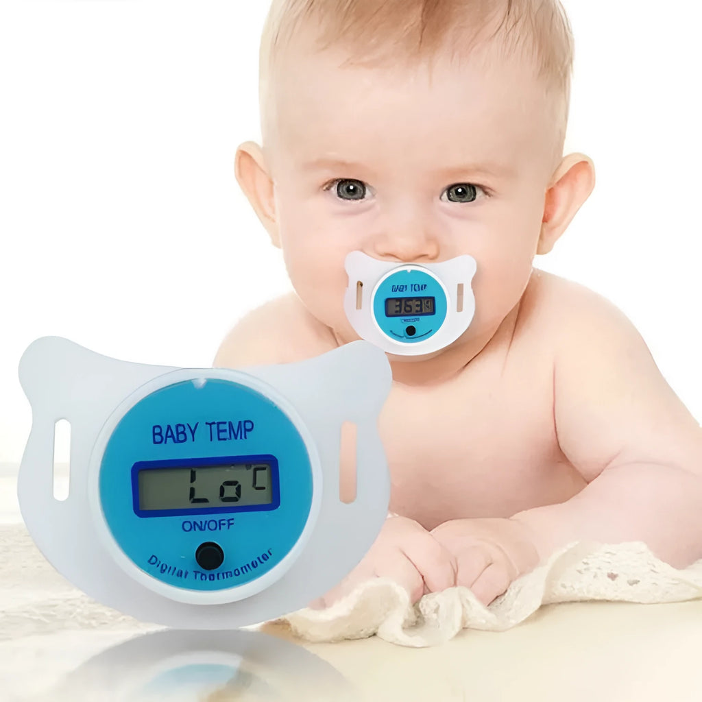 Blue and pink baby pacifier digital thermometer with digital display screen for infant temperature monitoring