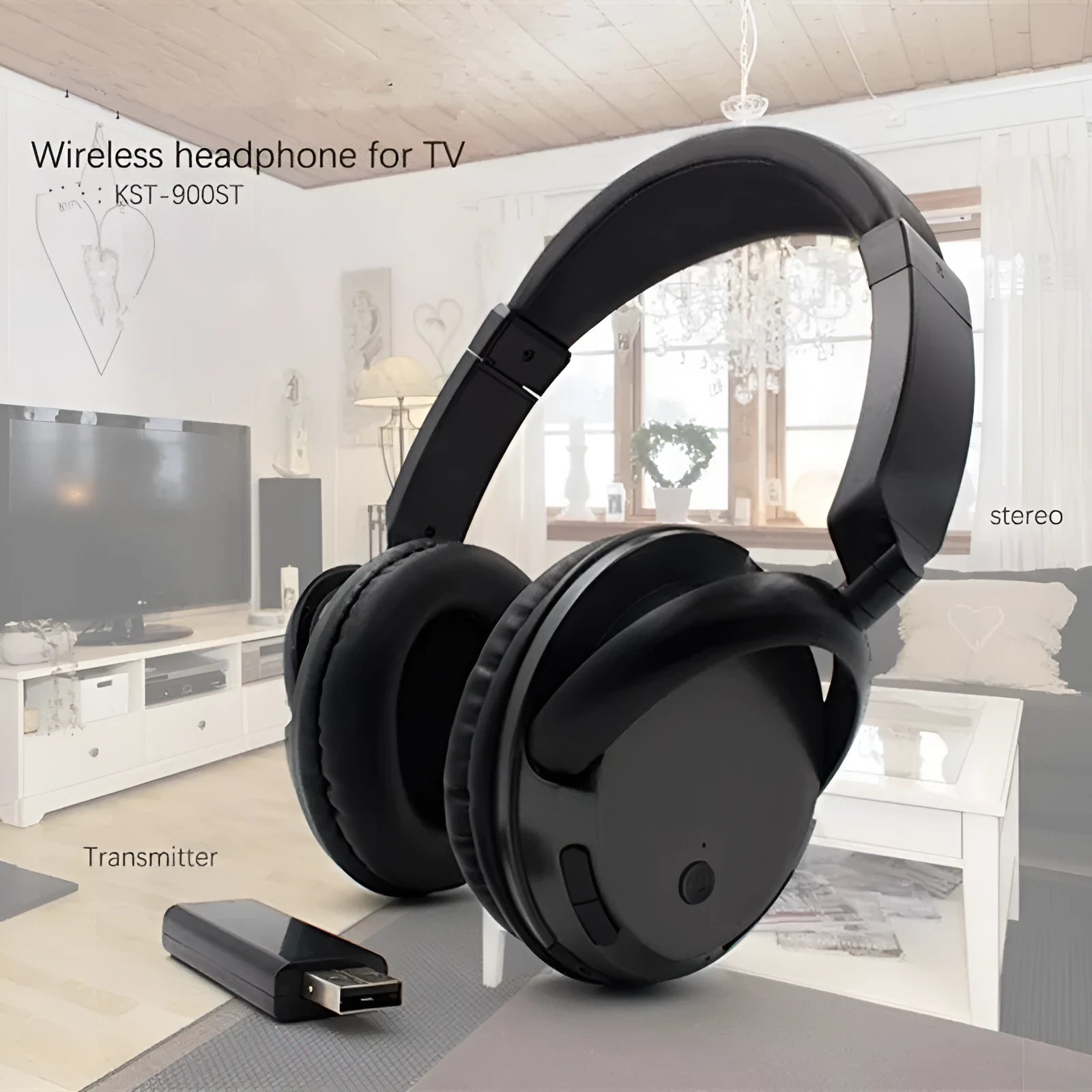 Black stereo wireless headset with USB FM transmitter and audio cable on a dark background