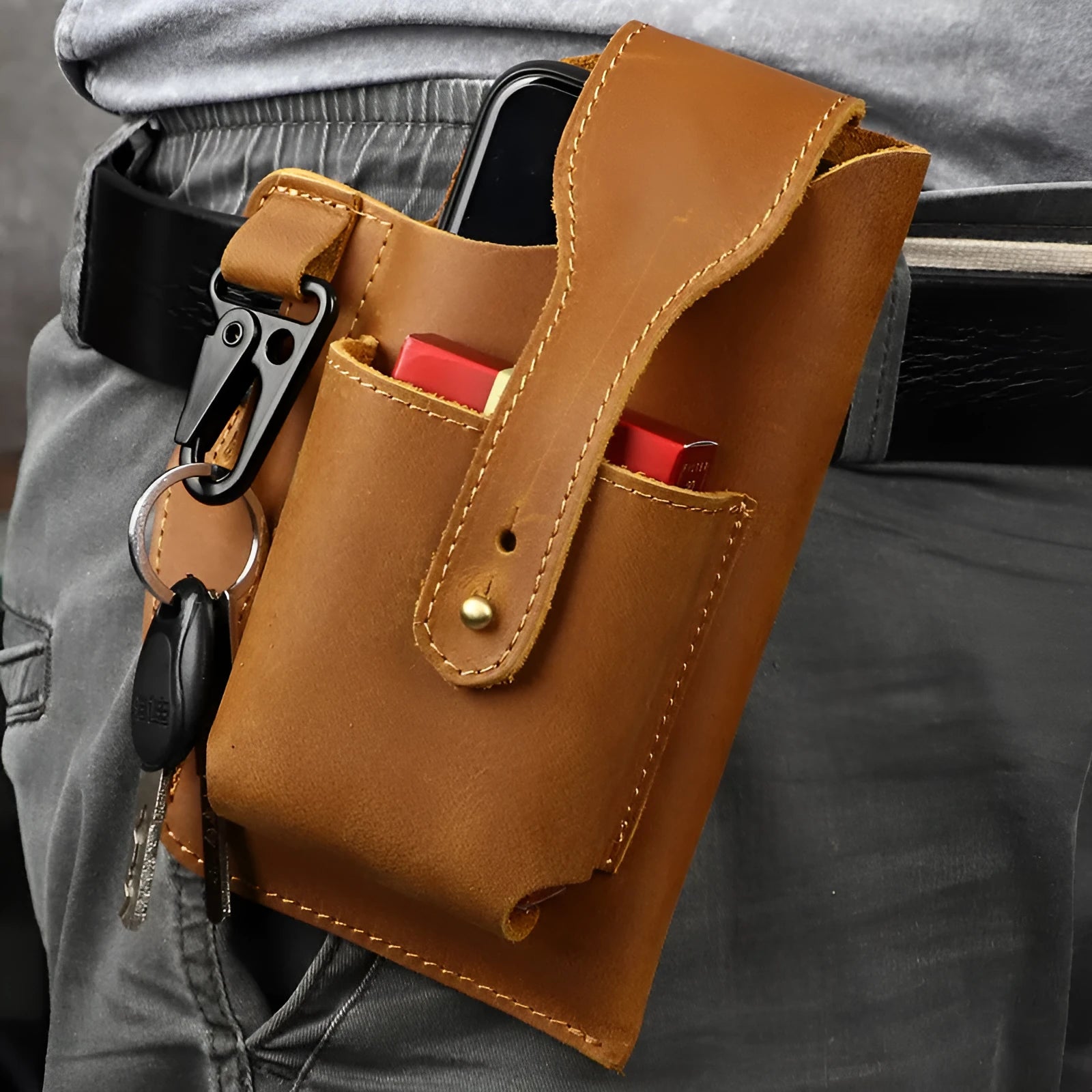 Retro leather phone hanging belt bag in brown with car suture detailing and cover opening