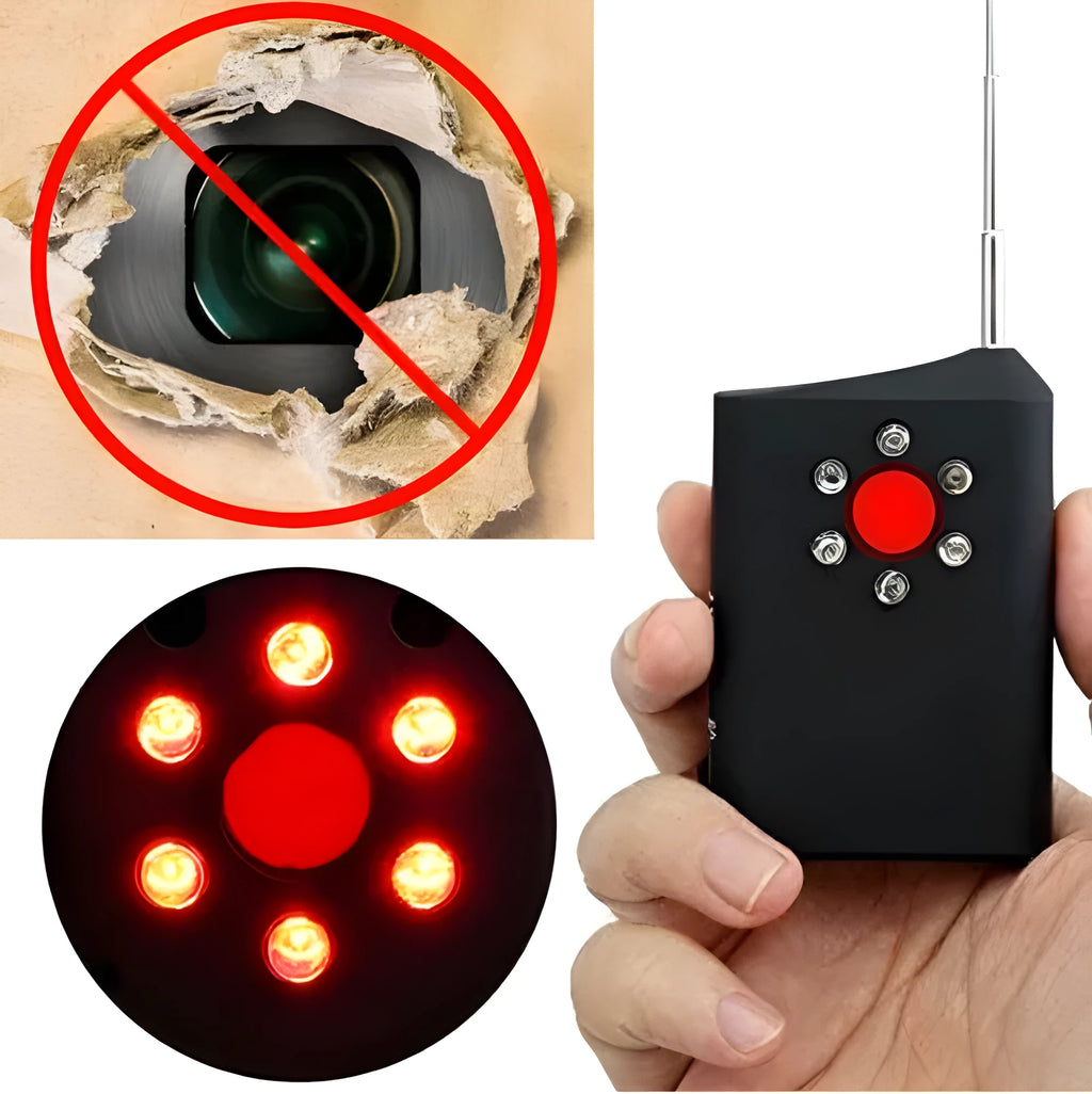 Black anti-spy hidden camera signal detector with antenna, 65x48x15mm, on grey background