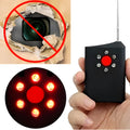Black anti-spy hidden camera signal detector with antenna, 65x48x15mm, on grey background