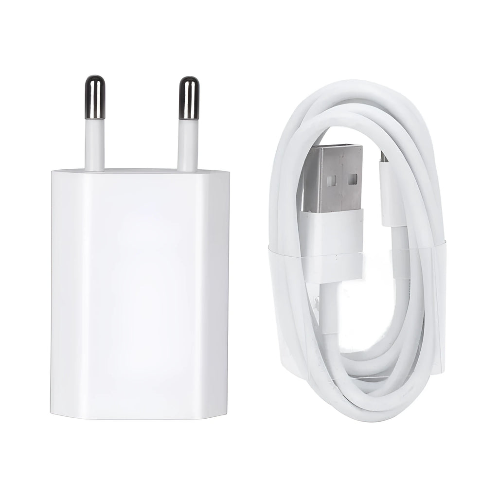 USB travel charger with Apple-compatible charging cable showing 5V 2A output and 220V UK input specifications