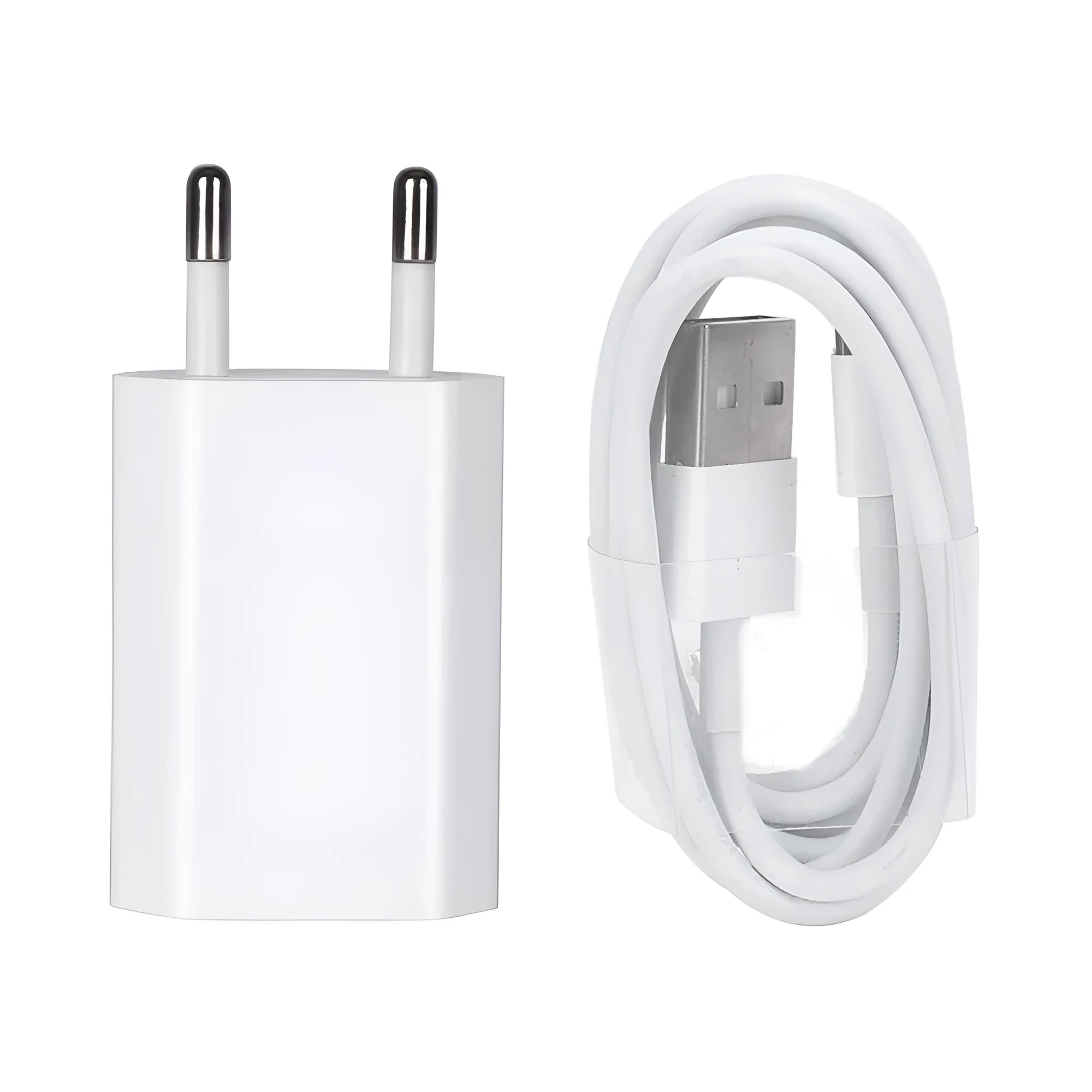 USB travel charger with Apple-compatible charging cable showing 5V 2A output and 220V UK input specifications