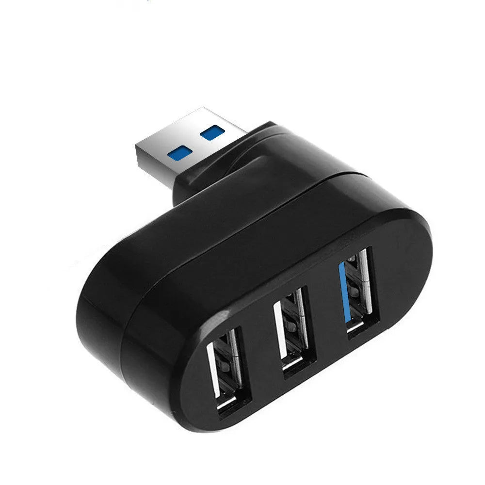 Black or white USB rotary splitter hub with four USB ports on a blister card.