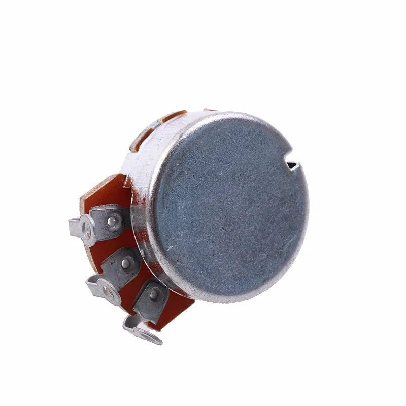 A single metal potentiometer knob for an electric guitar, shown in a choice of four resistance values.