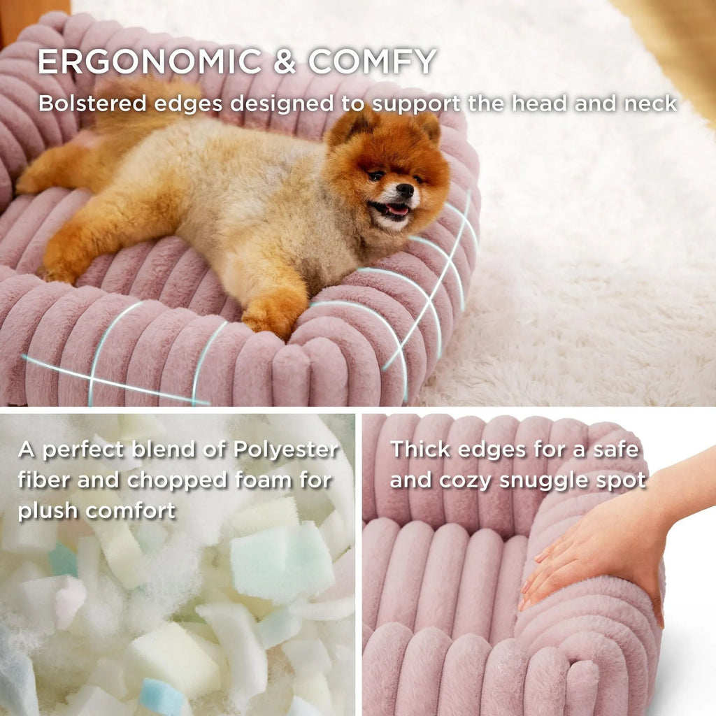 Soft winter dog bed cushion in beige colour showing raised sides and plush sleeping surface