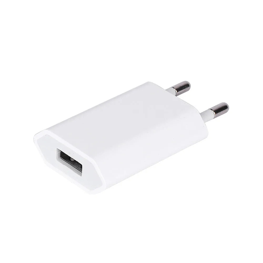 USB travel charger with Apple-compatible charging cable showing 5V 2A output and 220V UK input specifications