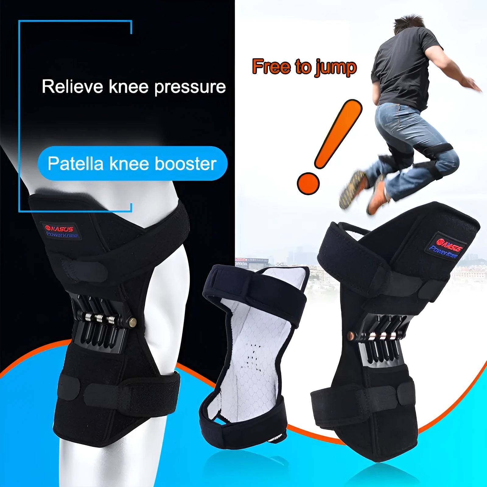Black adjustable spring knee brace support for patella, shown on a knee with straps and venting holes.