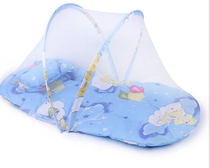 Blue foldable baby mosquito net tent with stainless steel frame and sleeping cushion inside